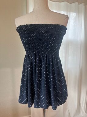 BCBGMaxAzria Blue and White Polka Dot Smocked Top Size M/L